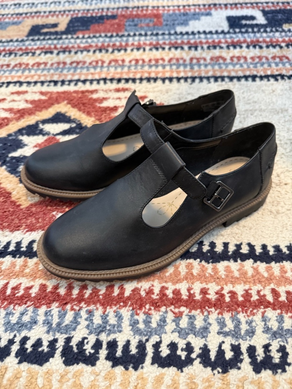 Clarks Black Leather T-Strap Loafers